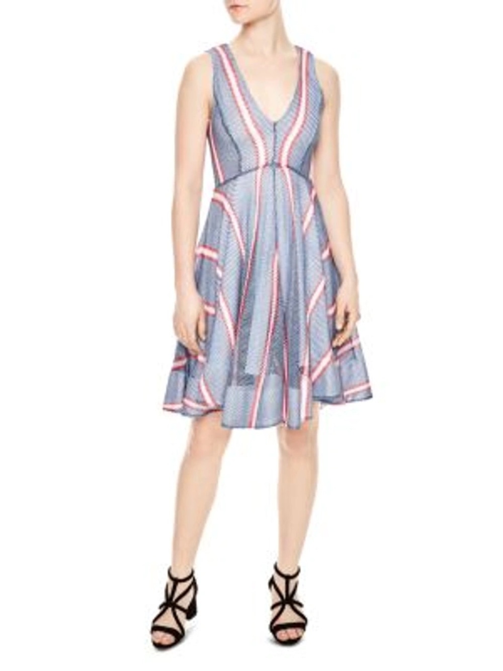 Sandro Paris Sleeveless Chear Striped Mesh Dress In Blue Denim